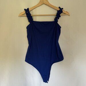 Saints 21 Ribbed Blue Sleeveless Bodysuit With Ruffle Straps women's size small